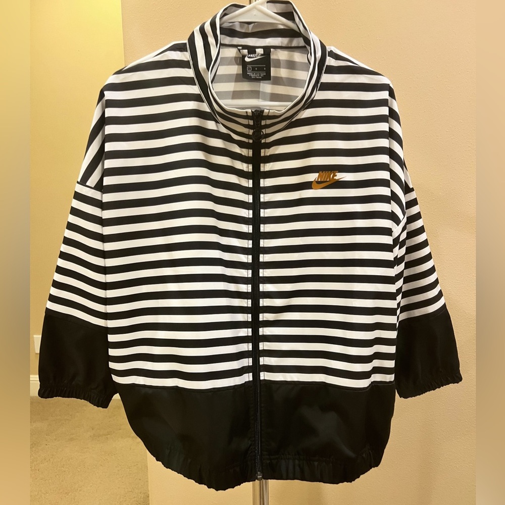 Nike Black and White Striped Jacket with Gold Logo